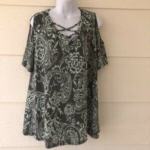 Sew in Love Paisley Softness Lrg Short Sleeve Cold Shoulder Tunic Embellished V